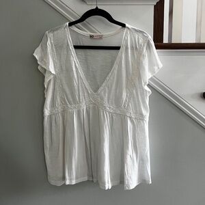 SO White Cotton V-necklace Lace Inset Baby Doll Top Size XL